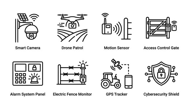 Security technology icons surveillance cameras drones sensors and cyber protection