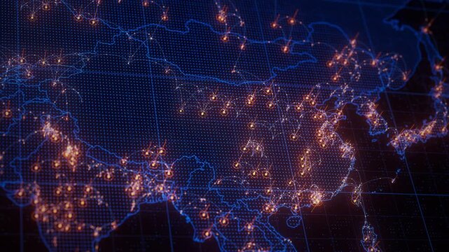 China map big data visualization. Futuristic digital map infographic of East Asia region. Visual global trade data complexity routes in modern blue and orange colors.