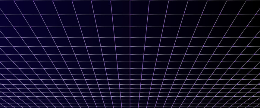 Neon wireframe horizon background. Light purple grid room floor in perspective. Glow violet retro futuristic wallpaper. Abstract checkered plane landscape. Game floor surface. Vector backdrop