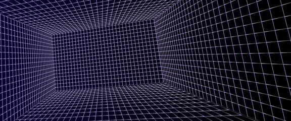Neon wireframe horizon background. Light purple grid room floor in perspective. Glow violet retro futuristic wallpaper. Abstract checkered plane landscape. Game floor surface. Vector backdrop © sholeh