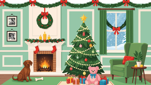 Cozy Christmas living room vector illustration with decorated tree, fireplace, wreath, garland, dog, teddy bear, gifts and snowy window holiday scene