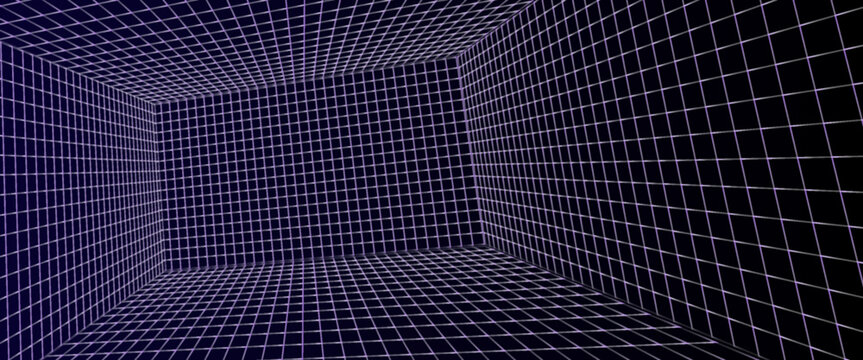 Neon wireframe horizon background. Light purple grid room floor in perspective. Glow violet retro futuristic wallpaper. Abstract checkered plane landscape. Game floor surface. Vector backdrop