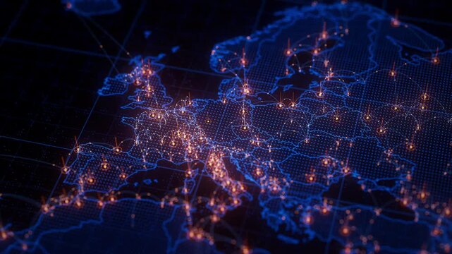 Europe map big data visualization. Futuristic digital map infographic of Western Europe region. Visual global trade data complexity routes in modern blue and orange colors.