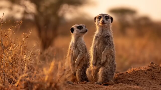Two meerkats standing alert in a dry savanna environment during sunset