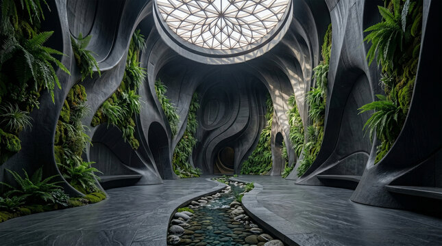 Futuristic Biophilic Architecture Concept: Luxury Sanctuary with Dark Basalt Stone Walls, Vertical Fern Gardens and Indoor Stream under Geometric Skylight