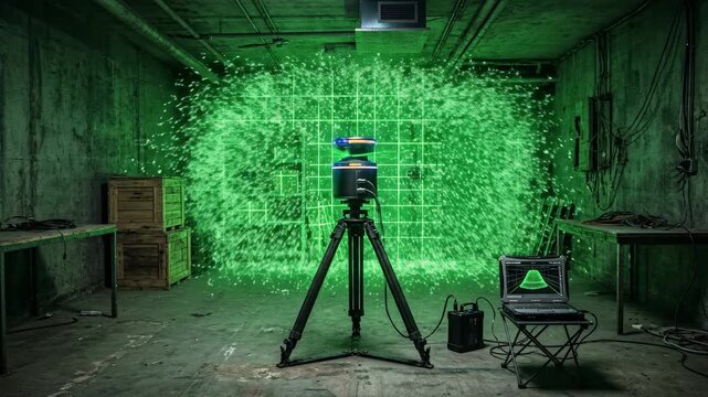 Cinematic 3D animation of a LiDAR laser scanner mapping a dark industrial room emitting a glowing green holographic grid and particle cloud