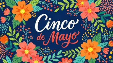 Obraz premium Cinco de Mayo festive floral border with calligraphy text on dark blue background.