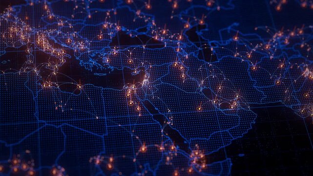 Middle East map big data visualization. Futuristic digital map infographic of Arabian Peninsula region. Visual global trade data complexity routes in modern blue and orange colors.