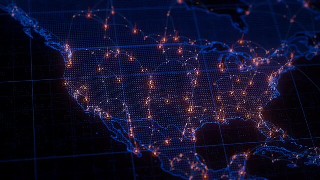 USA map big data visualization. Futuristic digital map infographic of North America region. Visual global trade data complexity routes in modern blue and orange colors