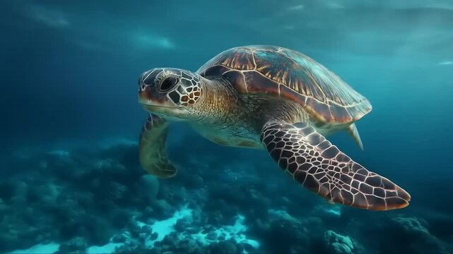 Underwater sea turtle swimming in ocean marine life concept