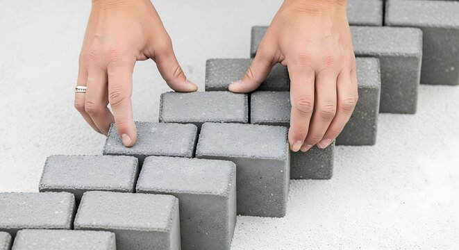Man's hands laying grey concrete paving stones on sand