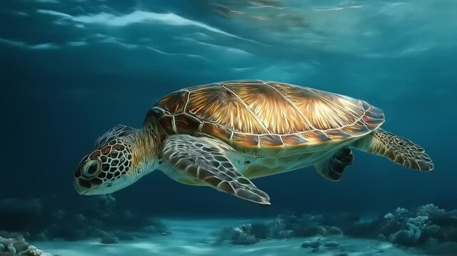 Underwater sea turtle swimming in ocean marine life concept