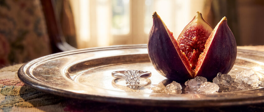 summer luxury jewelry fig ice silver tray closeup elegant still life with sparkling ring and ripe fruit suggesting indulgence celebration romance wealth and refined resort dining mood