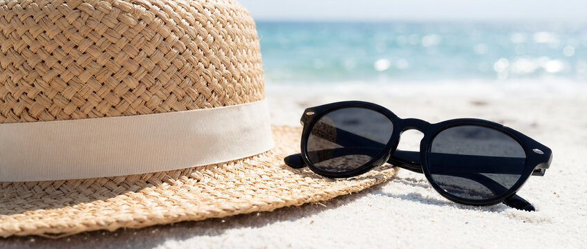 summer luxury sunglasses straw hat beach resort closeup vacation accessories with black eyewear on white sand suggesting sunny coastal travel style leisure and relaxed premium escape