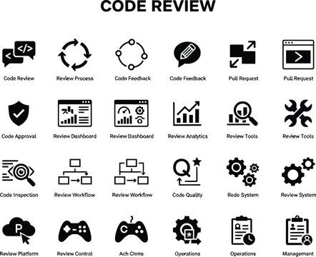 Set of black professional software development icons representing code review and technical project management workflow processes