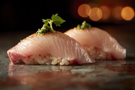 Gourmet yuzu kosho yellowtail sushi with herb garnish in warm light