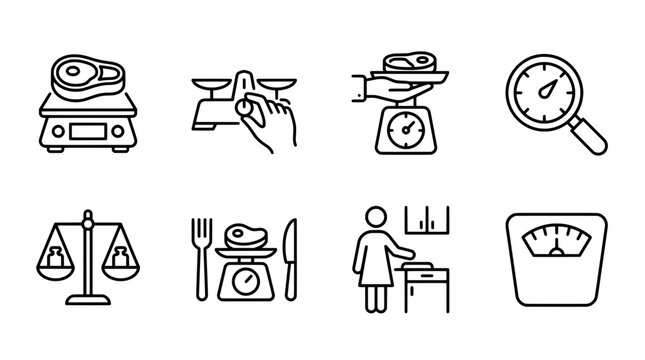 Set of meat and scale icons for food production and commerce