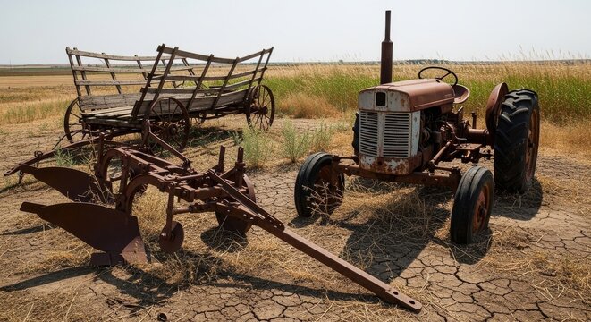 Rusty Abandoned Farm Tractor and Wagon in Field