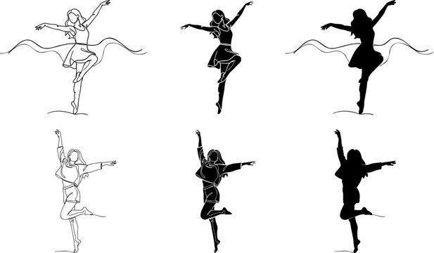 Set of graceful ballet dancers in various poses, artistic line art and silhouette design elements for motion.