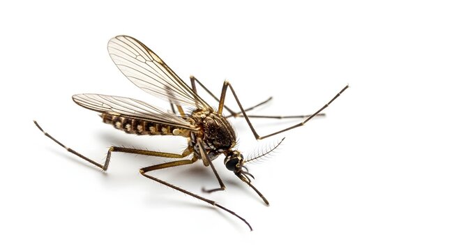 Detailed macro photograph of a mosquito insect with transparent wings and long legs on a clean white background.