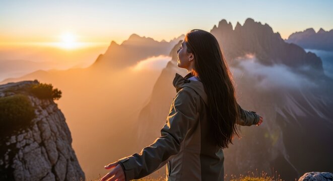 Woman enjoying sunset view in majestic mountain landscape
