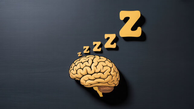 A detailed anatomical human brain model positioned beneath several stylized yellow sleeping letters symbolizing fatigue rest and deep mental slumber