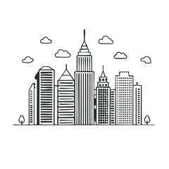 Fototapeta premium Cityscape Skyline Sketch with Clouds and Trees Vector