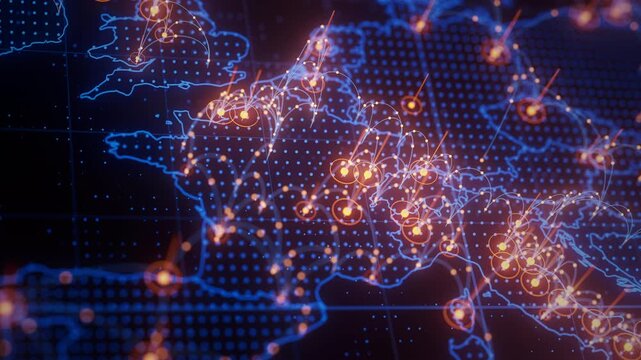 France map big data visualization. Futuristic digital map infographic of Europe region. Visual global trade data complexity routes in modern blue and orange colors.
