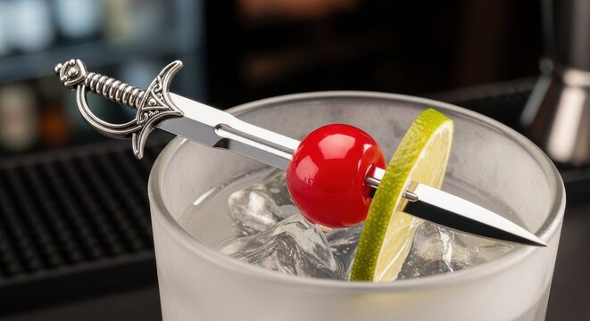 Cocktail garnished with sword skewer, ice, and citrus slice