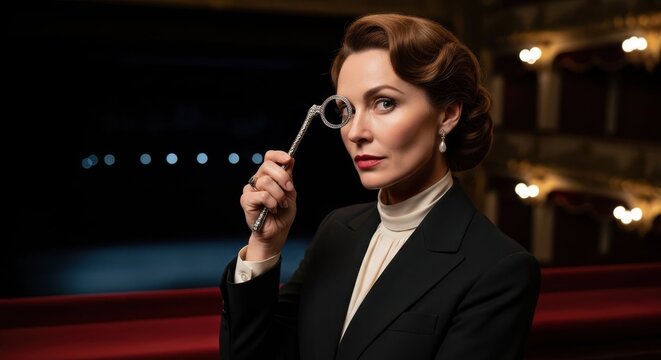 Elegant woman observing through a lorgnette in a theater setting