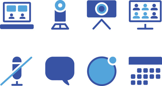 Communication and Webinar Solid Icon Set Featuring Laptop, Camera, Microphone and Online Meeting Editable Vector Illustration