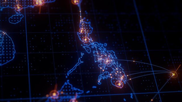 Philippines map big data visualization. Futuristic digital map infographic of Southeast Asia region. Visual global trade data complexity routes in modern blue and orange colors.