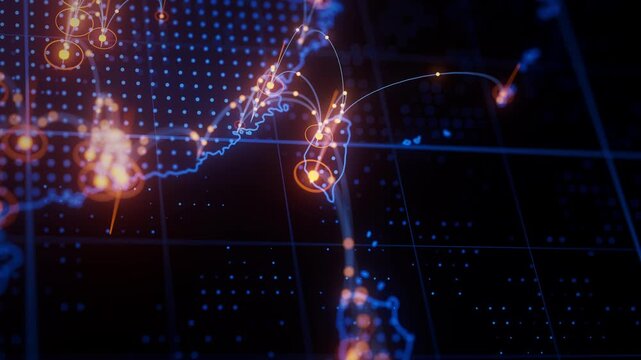 Taiwan map big data visualization. Futuristic digital map infographic of Taiwan region. Visual global trade data complexity routes in modern blue and orange colors.