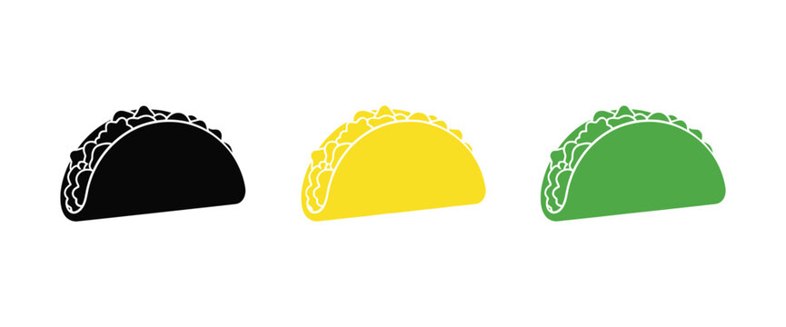 Three colorful taco icons in black yellow and green styles isolated on transparent background