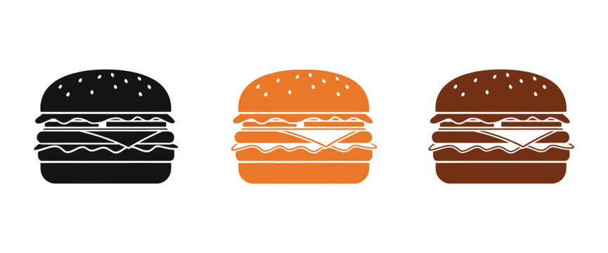 Three stylized hamburger icons in different colors showing layers of ingredients isolated design