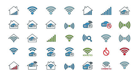 Fototapeta premium Wifi Signal Icons Collection: Connectivity, Network, Internet & Home Wireless Symbols