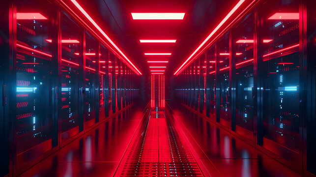 Dramatic view of a datacenter illuminated by red warning lights during a data breach.