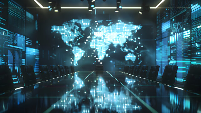 Holographic projection of a global network topology map on a corporate boardroom table.