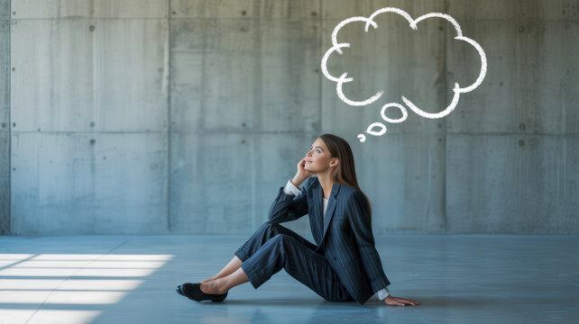 A professional young businesswoman sits on the ground while looking up at a creative empty white chalk thought bubble design