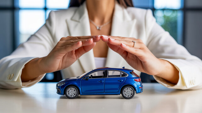 A person's hands carefully shield a small blue car, symbolizing protection and security for vehicle ownership.