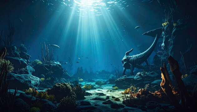 Prehistoric marine life and ancient creatures on the deep seabed with light rays
