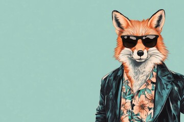 Fototapeta premium Cool fox in stylish clothes and sunglasses poses for a trendy, modern illustration with room for design elements