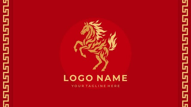 Animated Rearing Gold Fire Horse Mascot on Red Background 4K Seamless Loop
