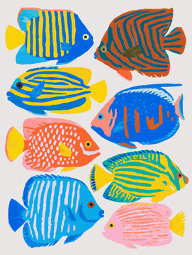 Colorful tropical fish flat illustration collection poster