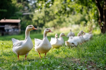 Obraz premium Free range domestic ducks walking and resting on a rural farm in green surroundings during sunny daytime