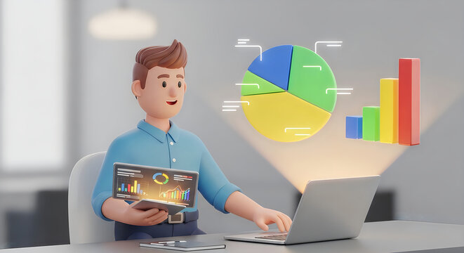 Cartoon businessman working on laptop with financial charts