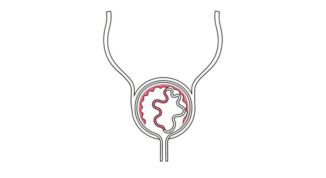 Diagram illustrating a stylized, continuous line art representation of the human urinary system, highlighting the bladder and ureters