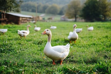 Obraz premium Domestic ducks walking and resting on a rural farm in green surroundings during a sunny day