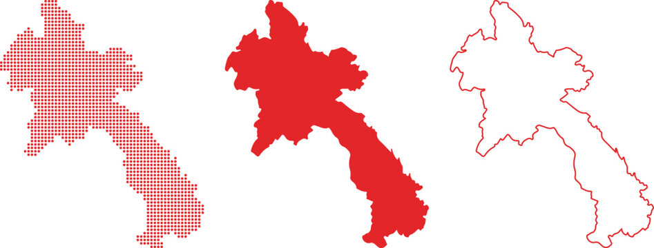 Laos Country Maps Dotted Solid Outline Red On White Background laos map laos outline