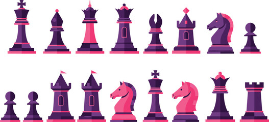 Flat Design Chess Pieces Vector Set with King Queen Bishop Knight Rook Pawn in Modern Pink and Purple Color Style © Shefali